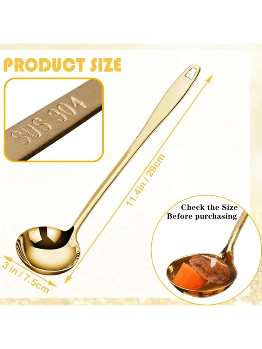2Pcs Gold Stainless Steel Soup Ladles - Long Handle Serving Spoons for Cooking